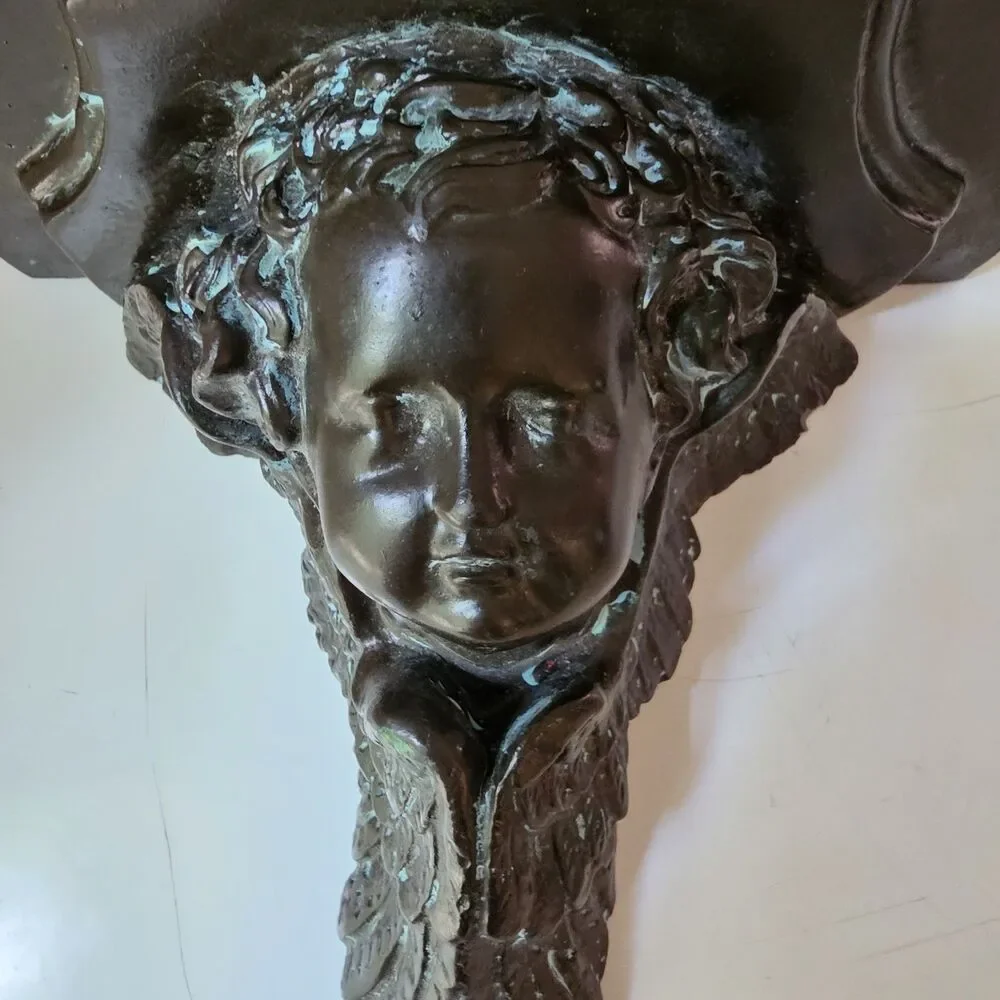 Vintage Cherub Angel Wall Sconce Shelf Heavy Faux Patina Old America 1980s Decor